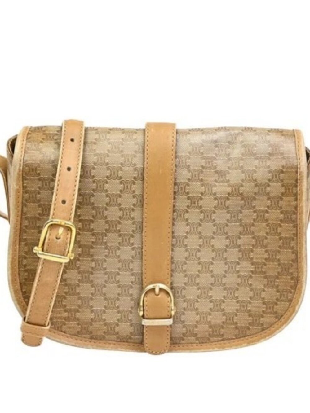 CELINE Logo Macadam Pattern Shoulder Bag PVC Leather Beige Italy GHW 05PA174